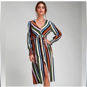 Idem Ditto Striped Multicolor Long Sleeve Smocked Button Down Retro Midi Dress M